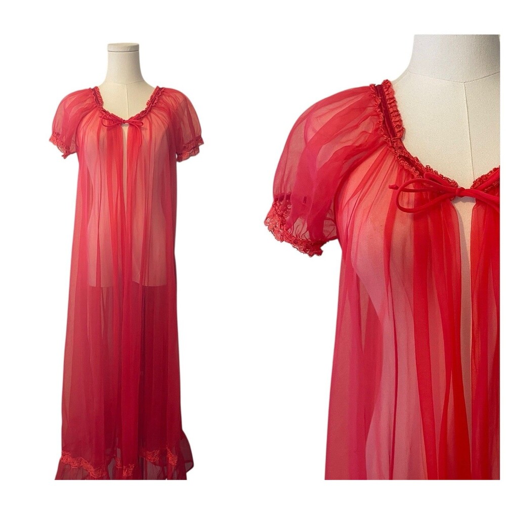 60s 70s vintage red sheer nylon chiffon peignoir robe women's small